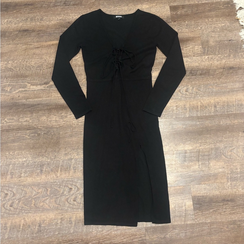 Missguided Black Tie Front Long Sleeve Midi Dress Size 8 Goth Chic
